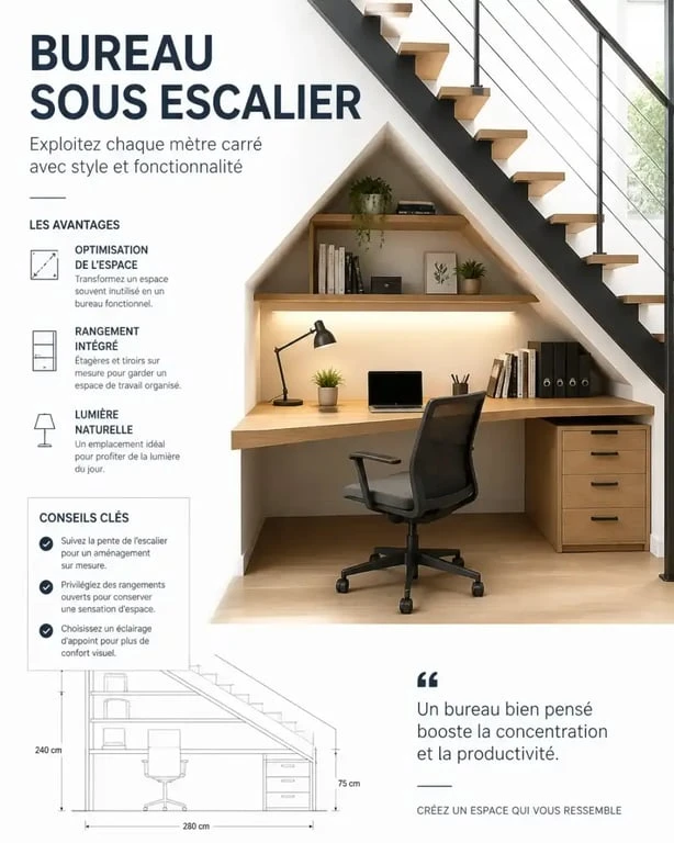Bureau escamotable sous escalier ouvert