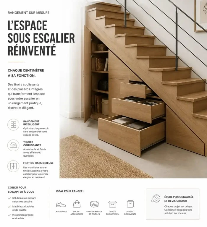 Rangement sous escalier ouvert optimisé