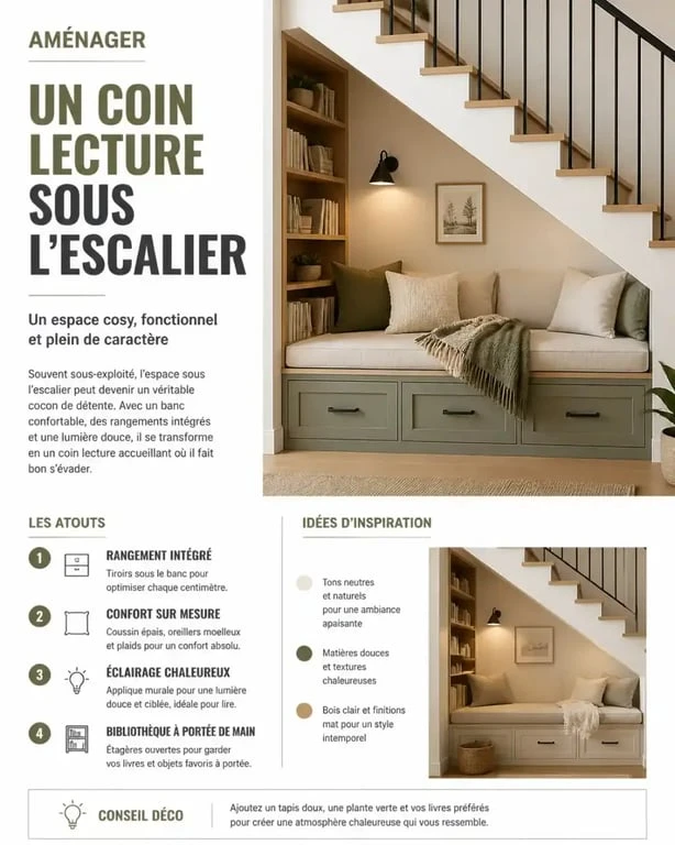 Aménagement sous escalier ouvert en coin lecture cosy