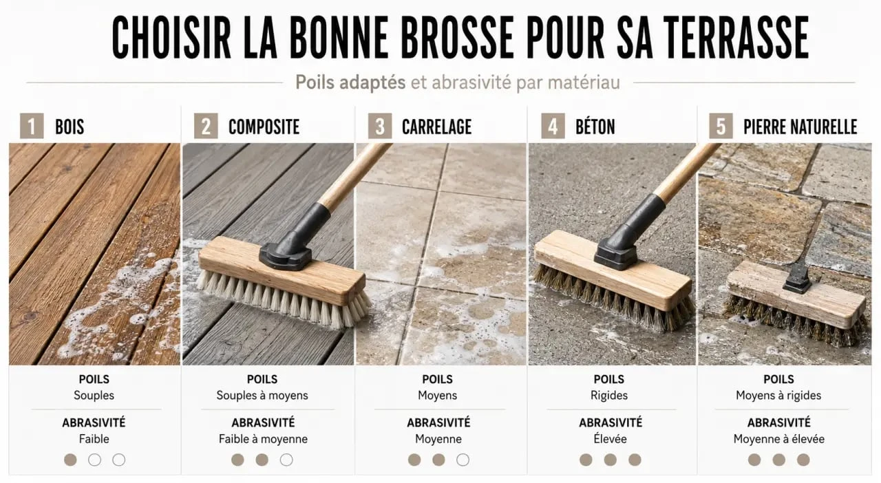 brosse nettoyante terrasse : quels poils selon bois, composite, carrelage, béton et pierre naturelle