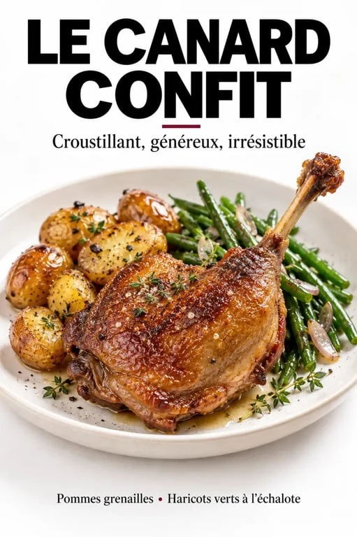 Confit de canard et accompagnements avec pommes grenailles rôties et haricots verts