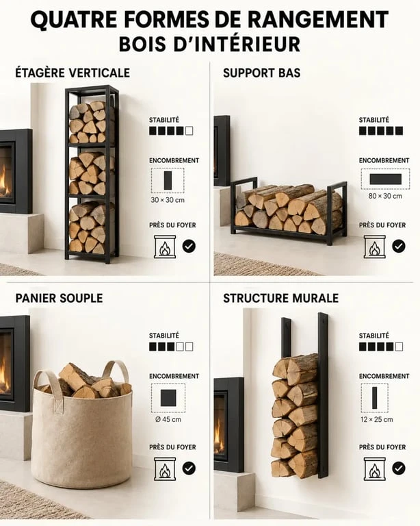 Infographie comparative des formes de rangement bois intérieur