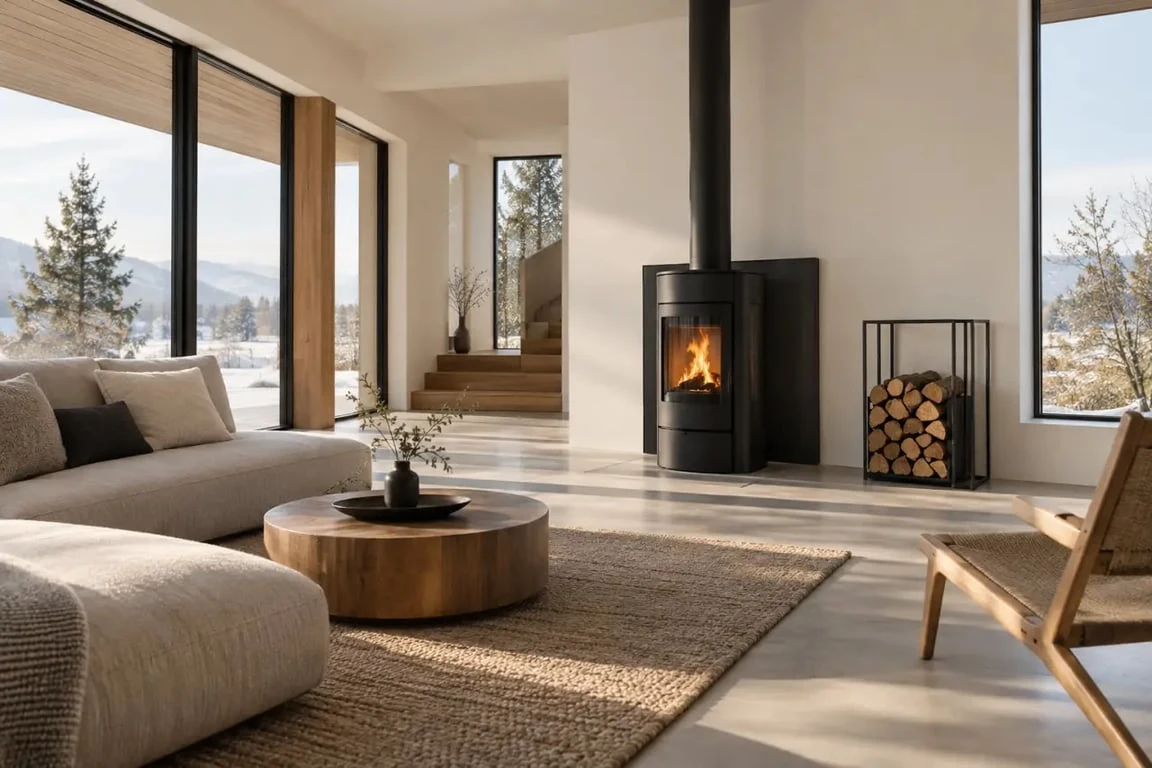 Rangement bois intérieur en métal noir près d’un poêle à bois dans un salon