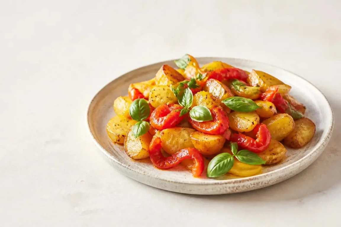Recette italienne poivron pomme de terre servie en poêlée rustique et dorée