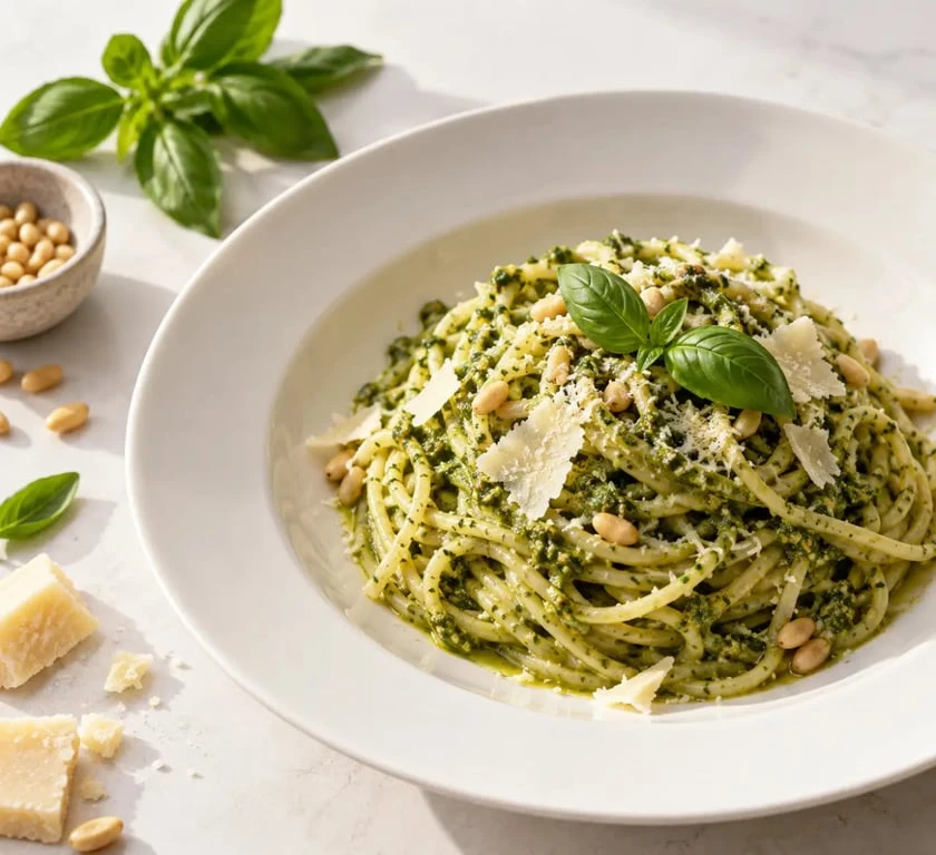 Recette pour pesto basilic maison servi avec des pâtes, du parmesan et des pignons de pin