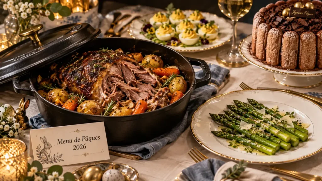 Menu paques 2026 : cocotte agneau effiloché, grenailles et légumes sur table festive