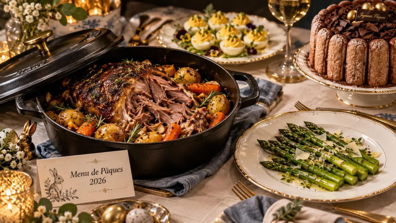 Menu paques 2026 : cocotte agneau effiloché, grenailles et légumes sur table festive