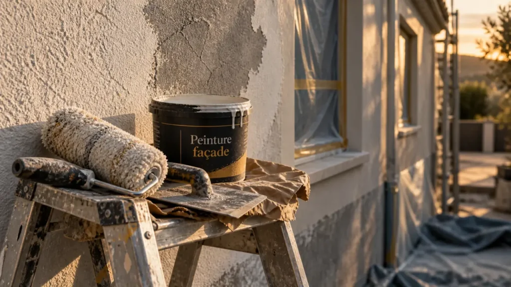 Peinture mur exterieur sur façade en enduit, rouleau et pot de peinture