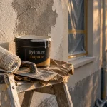Peinture mur exterieur sur façade en enduit, rouleau et pot de peinture