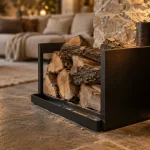 Rangement bois intérieur près d’un poêle à bois, bûches rangées pour le salon