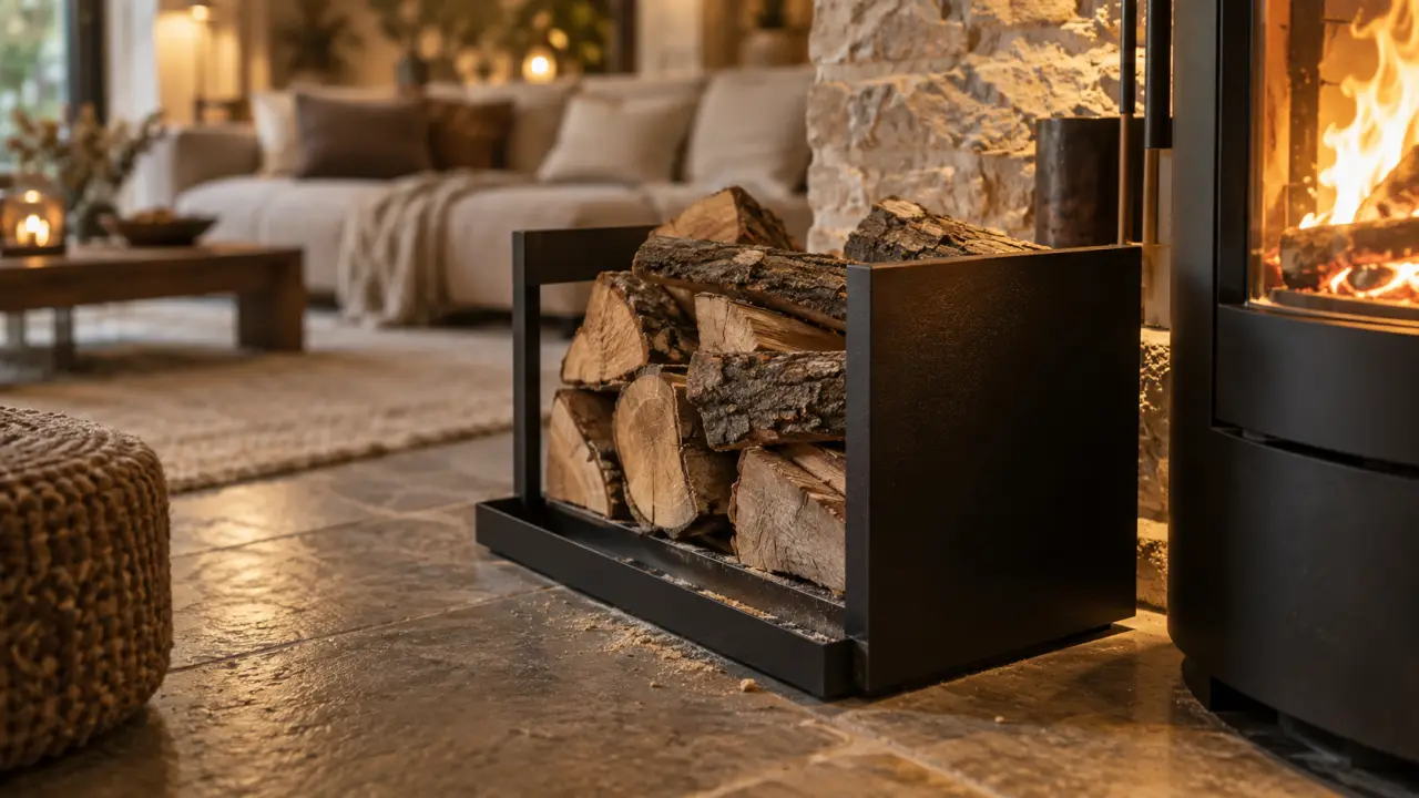 Rangement bois intérieur près d’un poêle à bois, bûches rangées pour le salon