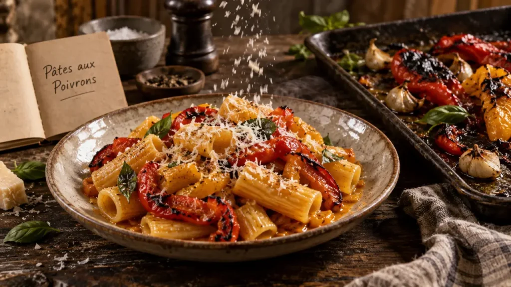 Recette italienne pâtes aux poivrons rôtis, sauce à l’eau de cuisson