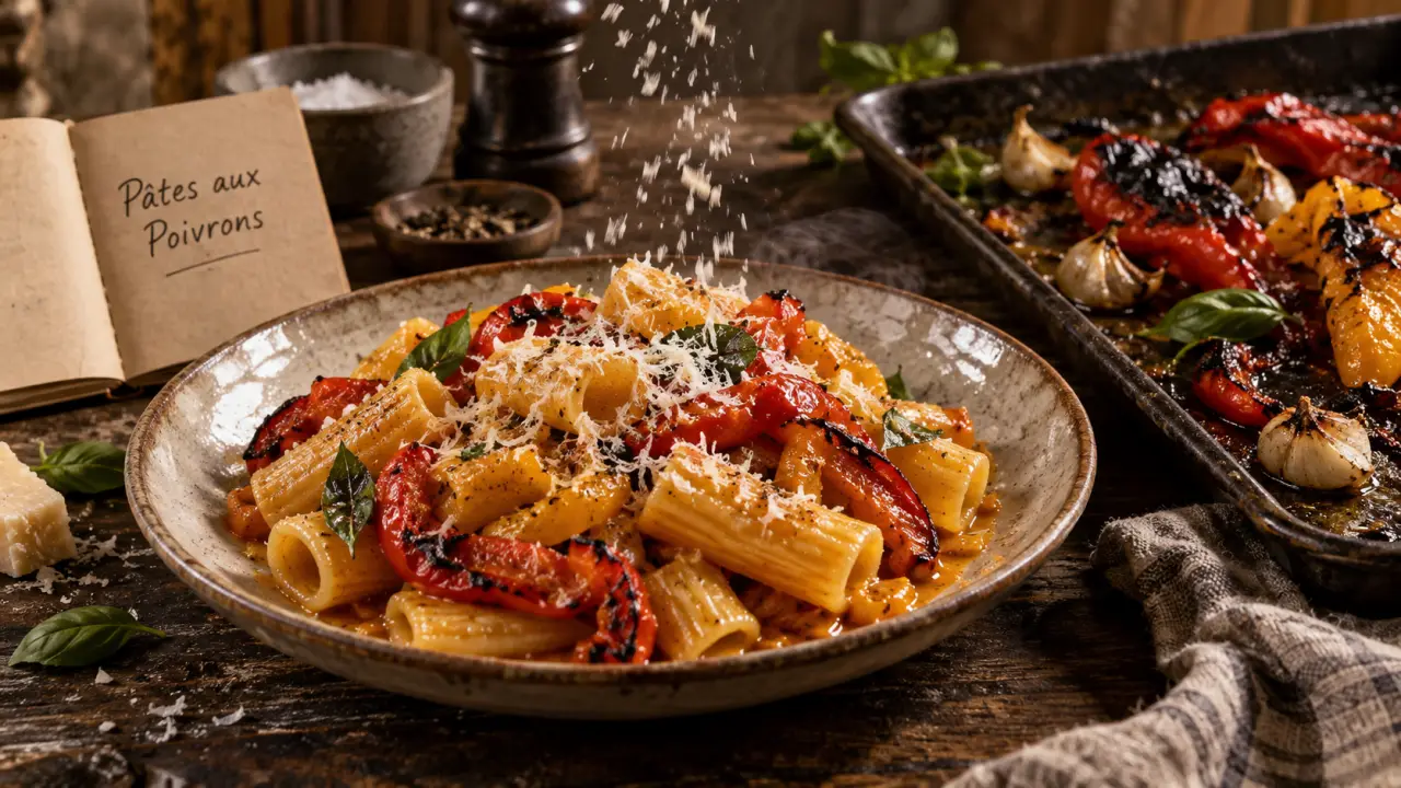 Recette italienne pâtes aux poivrons rôtis, sauce à l’eau de cuisson