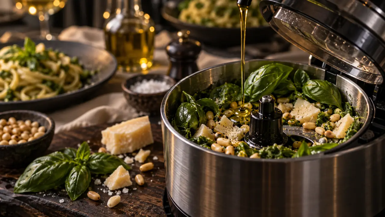 Recette pour pesto basilic rapide : mixeur, basilic et huile d’olive