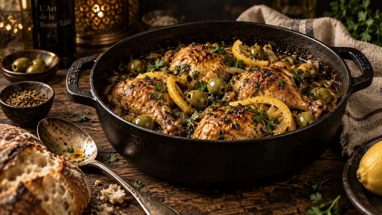 Recette poulet aux olives : poulet doré en sauce aux olives vertes