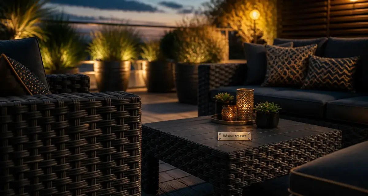 Salon de jardin osier en résine tressée, coussins et table basse au crépuscule