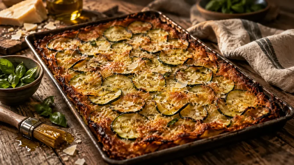 Scarpaccia de courgettes recette italienne croustillante au parmesan, gros plan