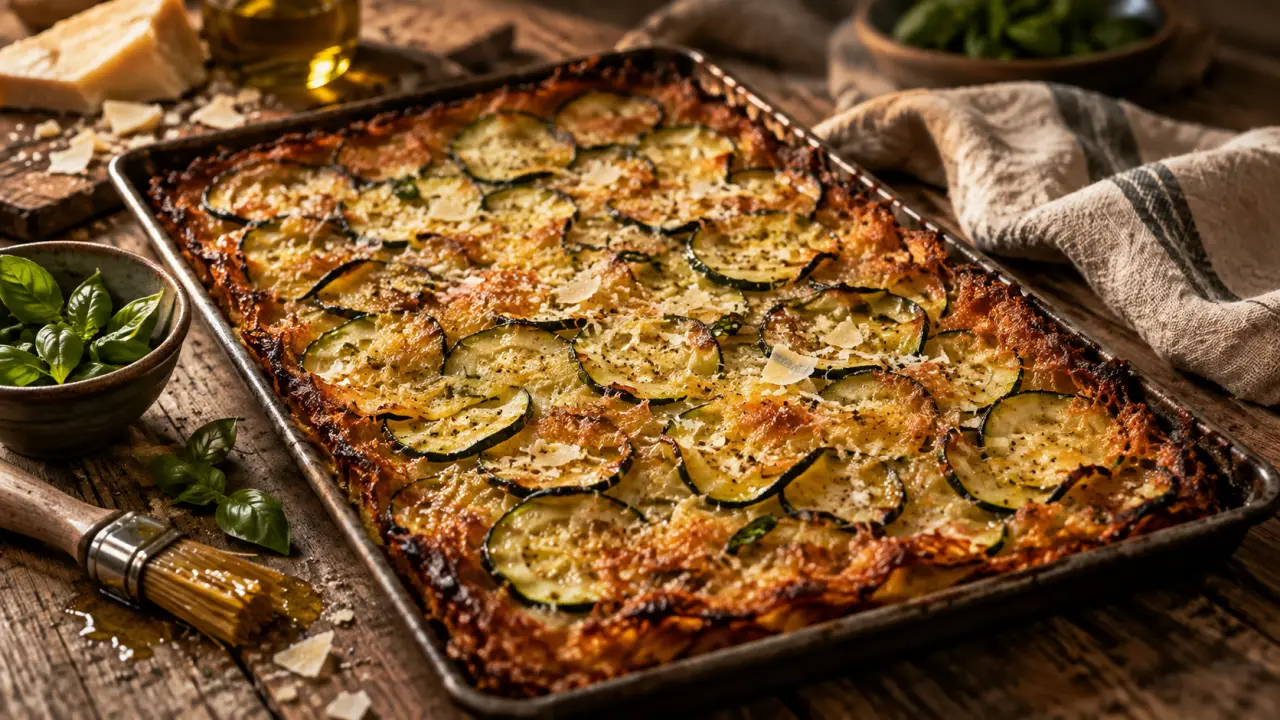 Scarpaccia de courgettes recette italienne croustillante au parmesan, gros plan