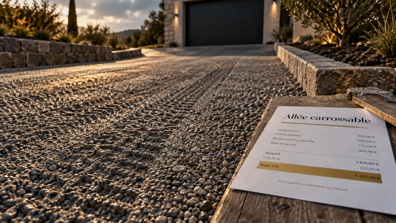 Allée pour voiture : fondation durable en gravier stabilisé et compacté