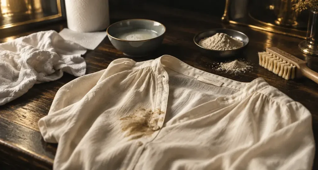 Comment enlever tache de gras sans chaleur : blouse crème et terre de Sommières, guide rapide