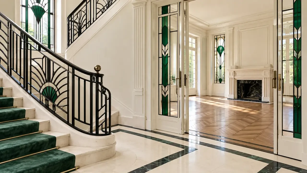 Intérieur d'une maison Art déco avec escalier, vitraux et cheminée d'époque