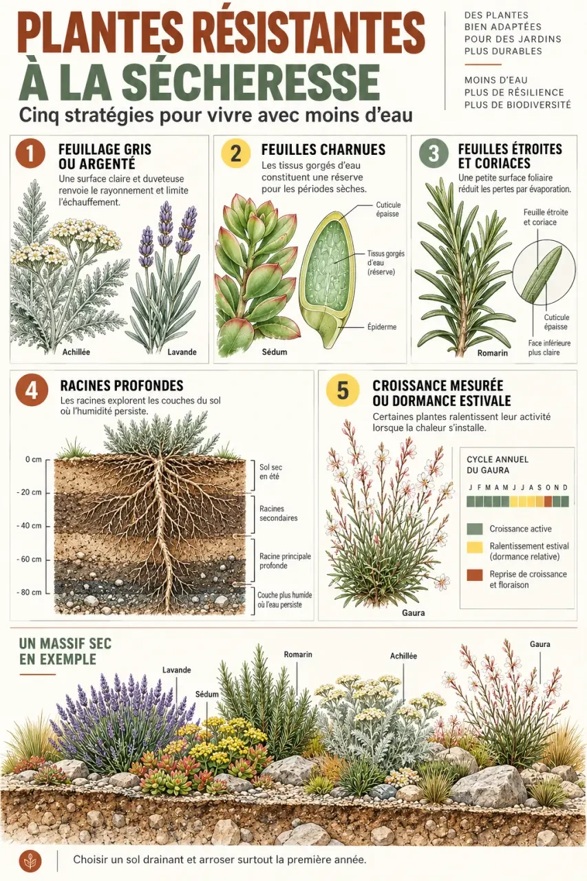 Infographie sur les plantes résistantes à la sécheresse et leurs adaptations au manque d’eau