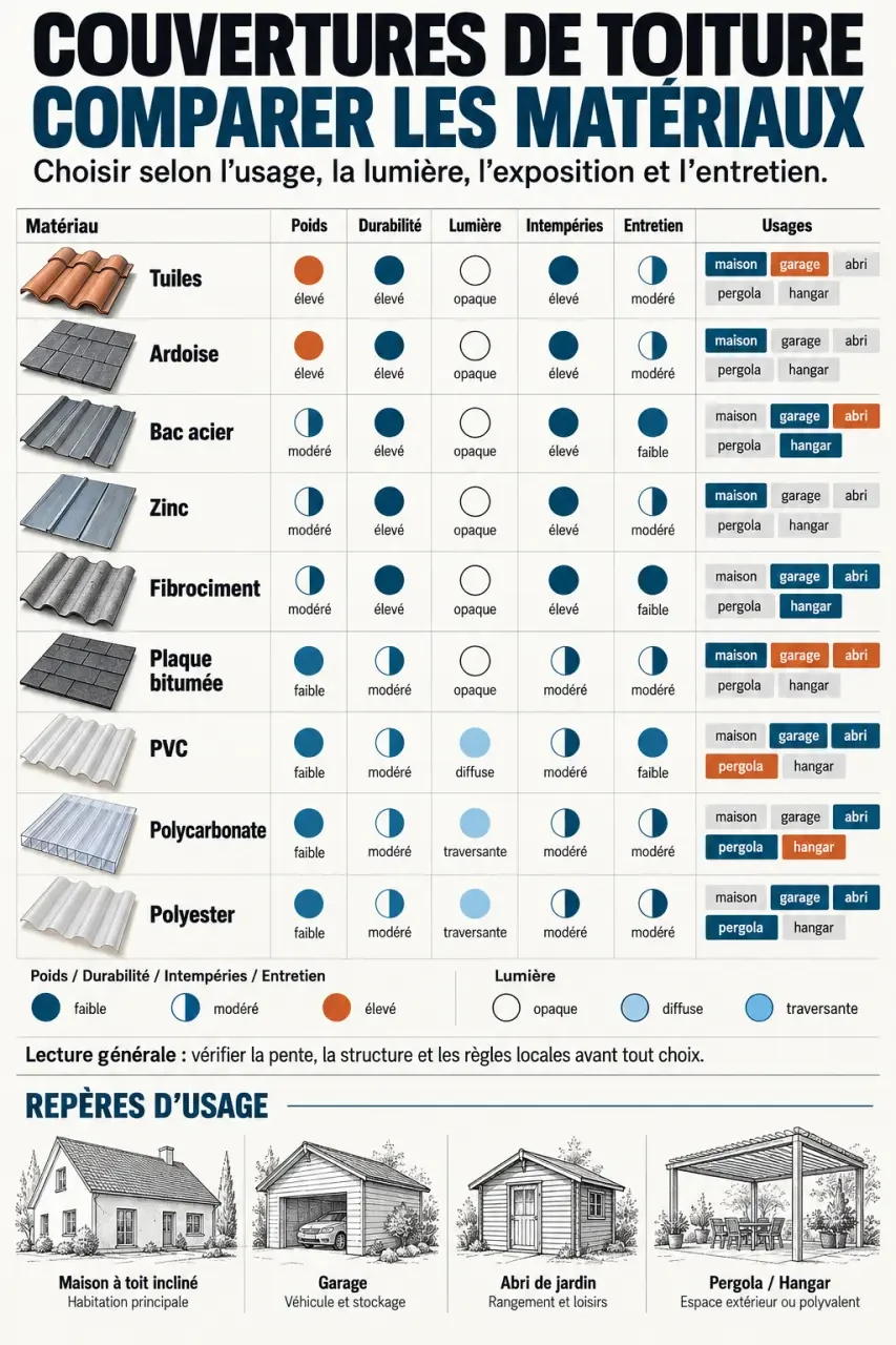 Infographie comparative des matériaux de couverture pour toiture selon les usages