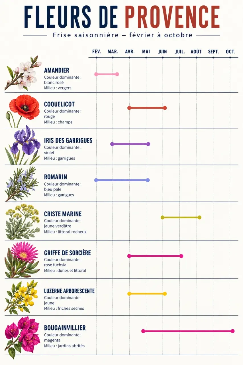 Infographie Provence fleurs : huit espèces, périodes de floraison et milieux d’observation