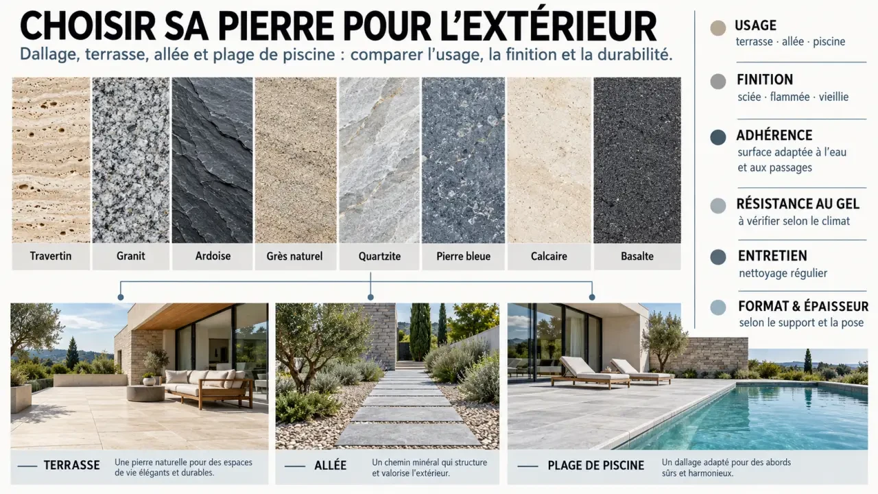 Infographie pour choisir une pierre pour dallage selon l’usage, la finition et la résistance