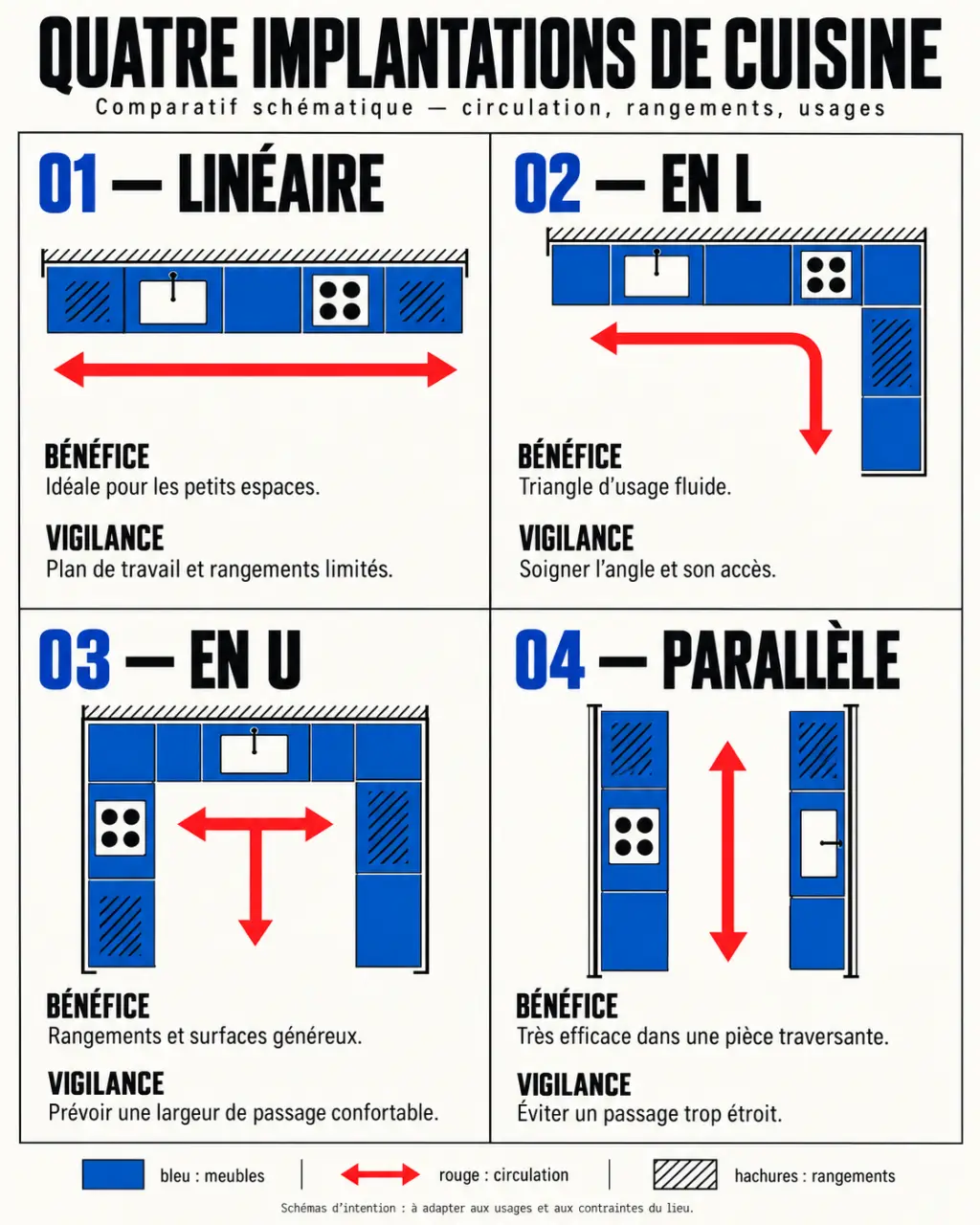 Infographie pour optimiser l’aménagement de votre cuisine selon les implantations linéaire, en L, en U et parallèle