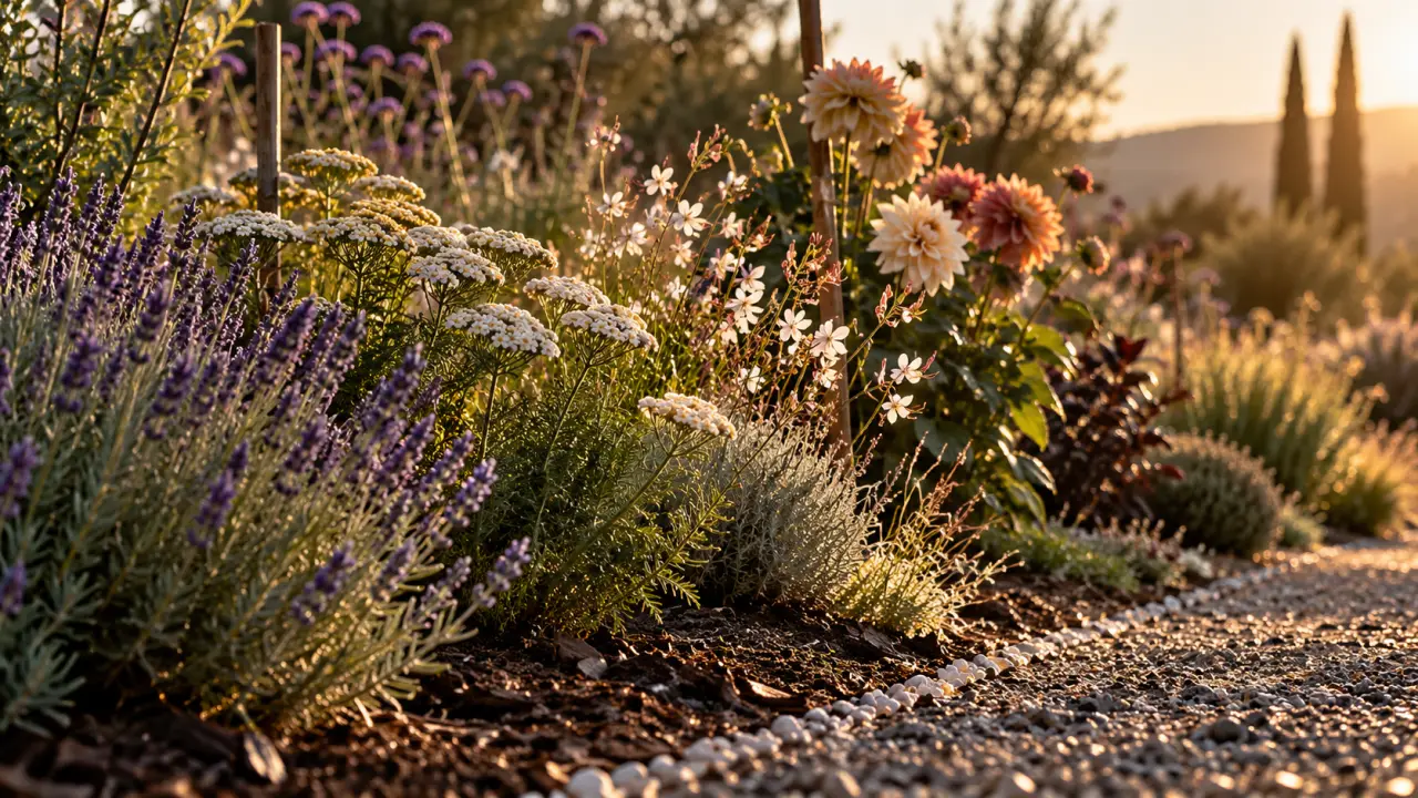 Fleurs de jardin d'été : massif coloré lavande et dahlias sans arrosage