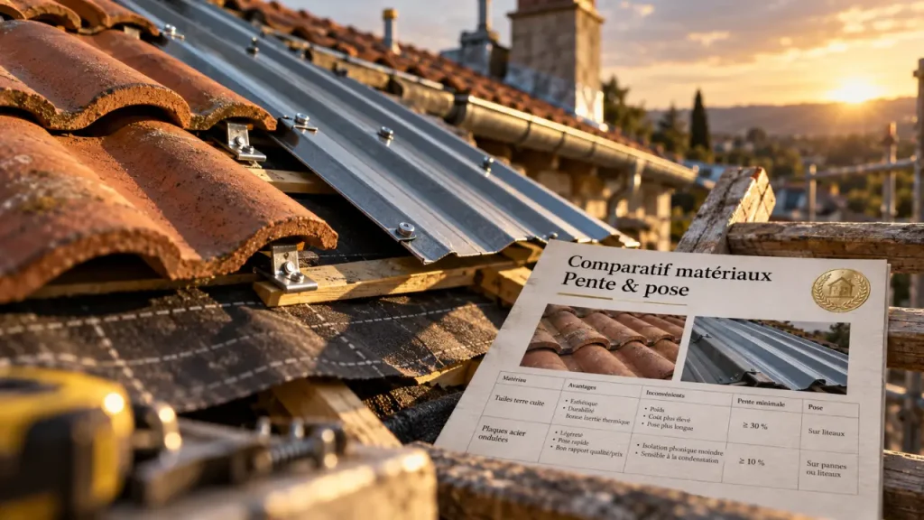 Matériaux de couverture pour toiture : tuiles terre cuite et plaques acier en chantier