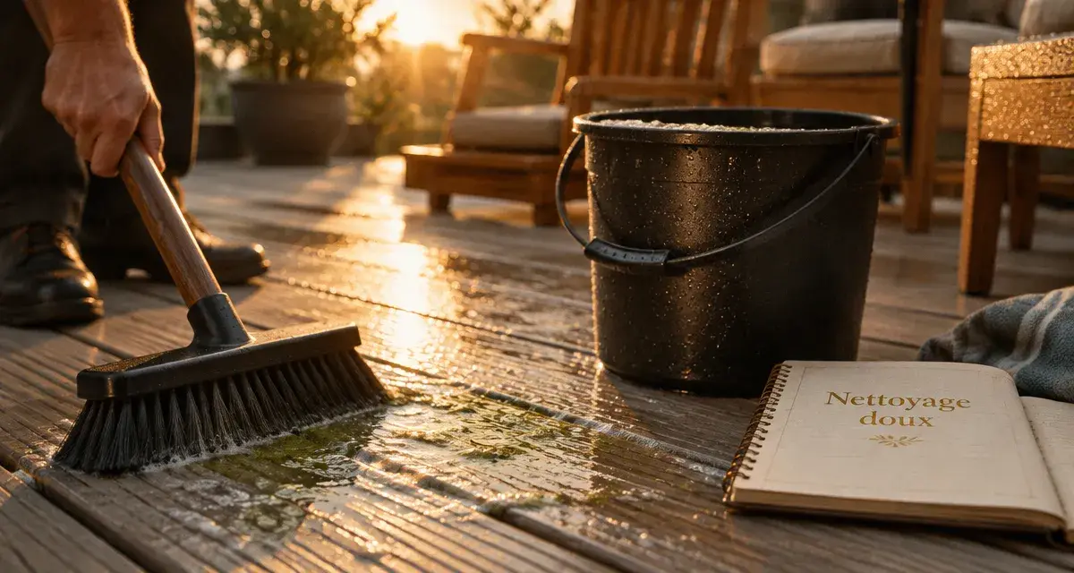 Nettoyer une terrasse en bois sans relever les fibres, nettoyage doux à la brosse