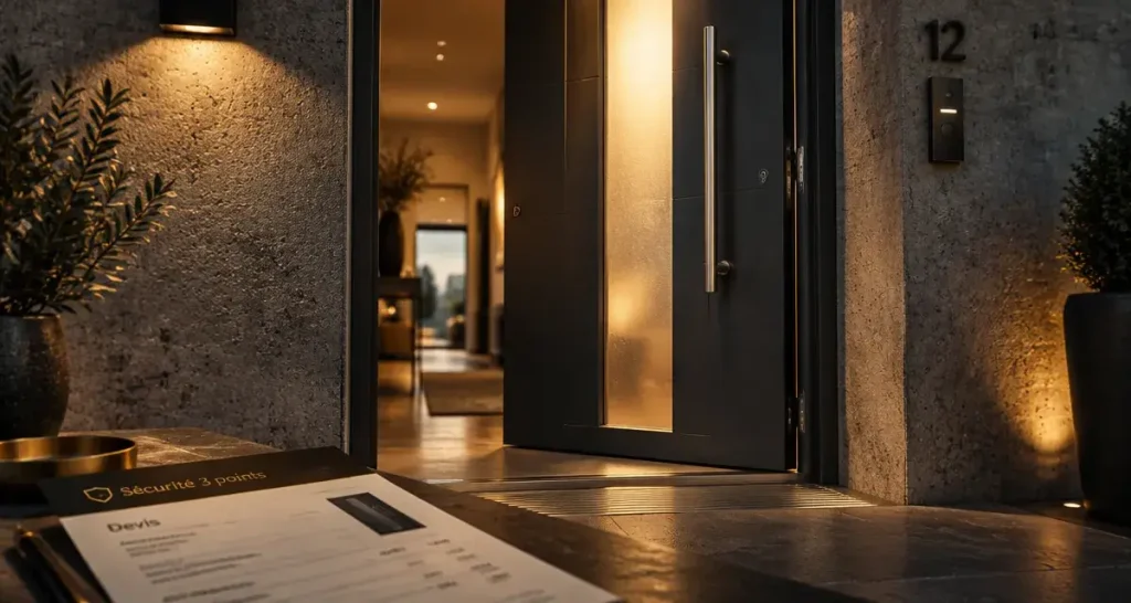 Porte d entrée alu anthracite, vitrage dépoli pour lumière douce et sécurité 3 points