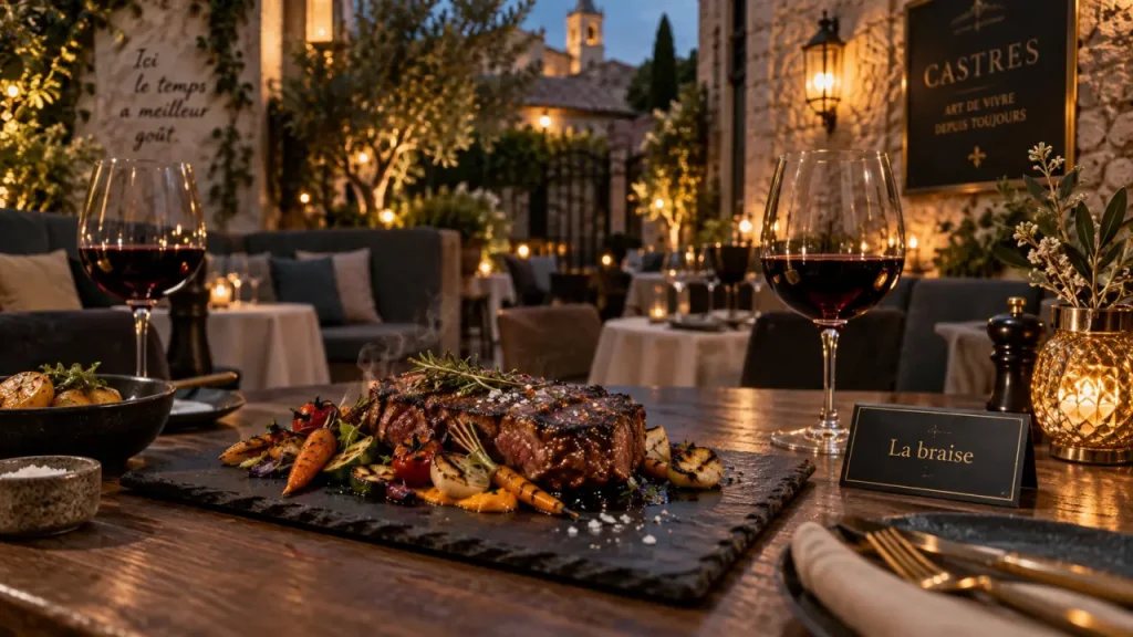 Restaurant castres tarn : braise sur table, terrasse en pierre