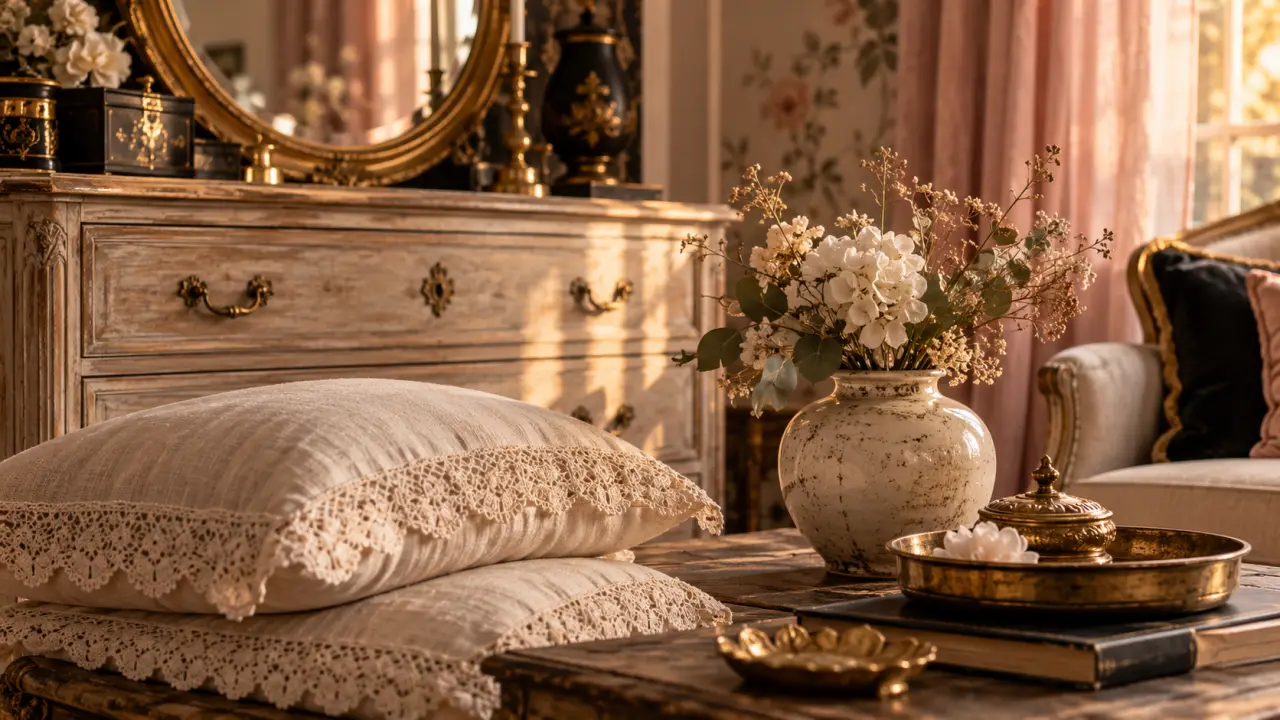 Style shabby chic : meuble patiné clair et miroir ovale doré